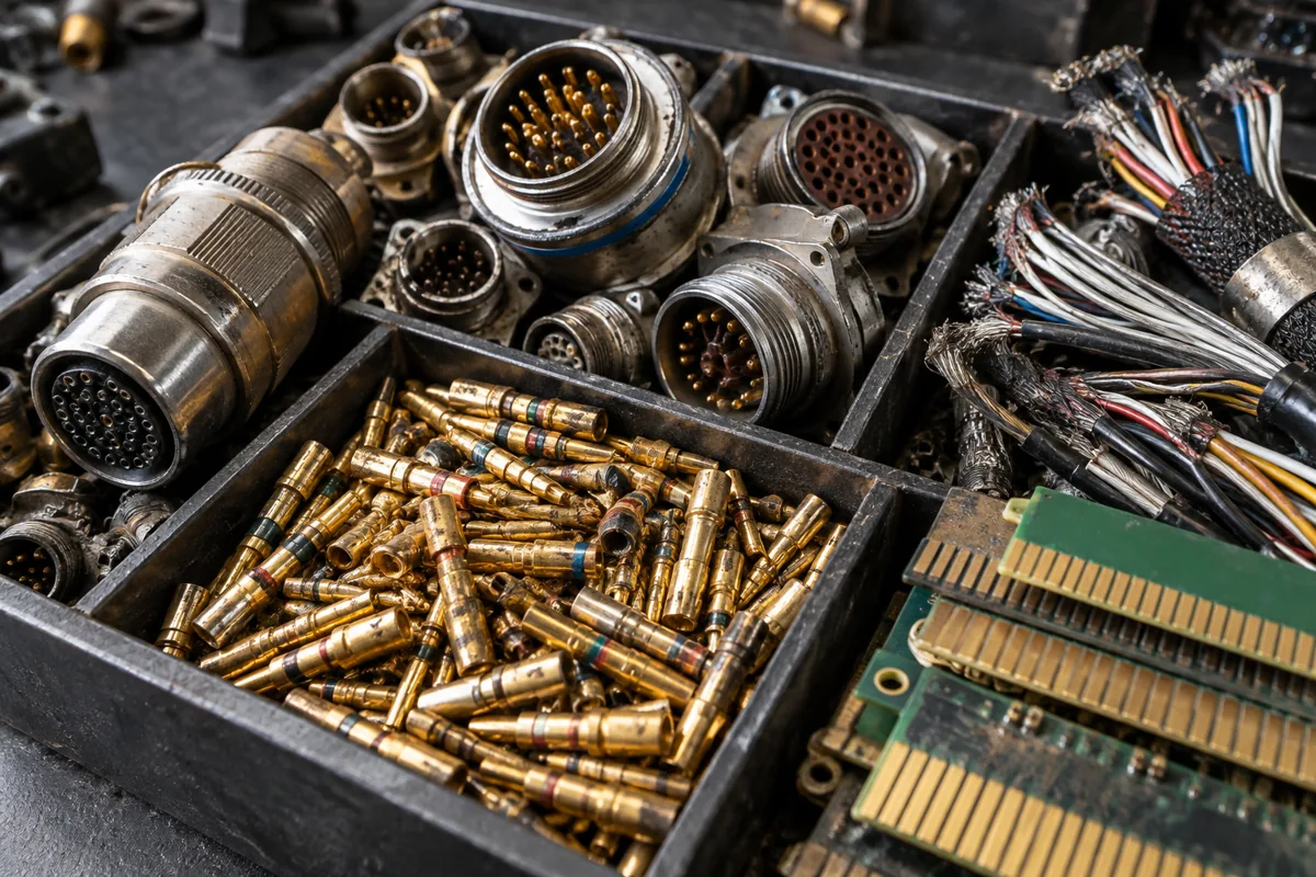Illustrative image of aircraft avionics connectors and gold-plated pins